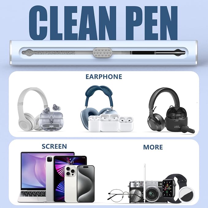 【1 Pack】 Cleaner Kit for AirPods Pro 1 2 3 Earbuds,Cleaning Kit Pen Shape with Soft Brush Flocking Sponge Tool for Bluetooth Earphones Headphones Charging Case,Phone,Camera and Computer(Blue)