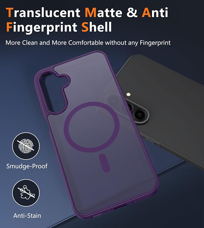FNTCASE for Galaxy A26 5G Phone Case: Magnetic Matte Translucent Military Grade Drop Protection Cell Phone Cover - Slim Rugged Durable Shockproof Protective for Samsung A26 Cases - Purple