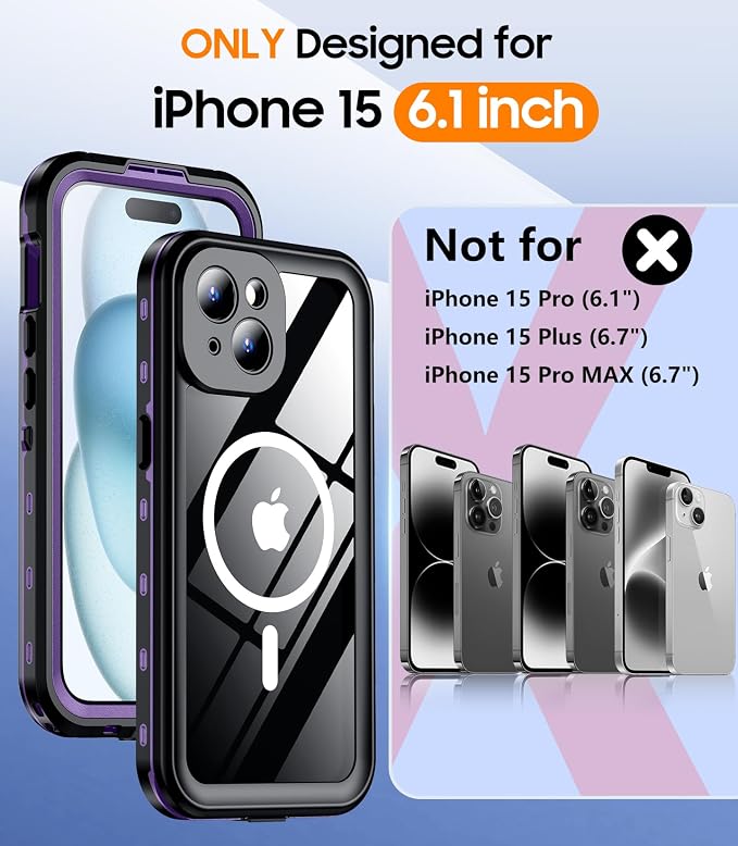 Temdan Magnetic for iPhone 15 Case Waterproof,Built-in Screen Protector[IP68 Underwater][Upgrade Military Dropproof][Compatible with MagSafe] Full Body Shockproof Translucent Case 6.1''-Purple