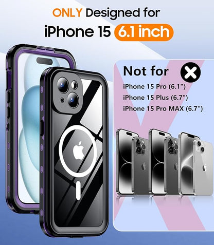 Temdan Magnetic for iPhone 15 Case Waterproof,Built-in Screen Protector[IP68 Underwater][Upgrade Military Dropproof][Compatible with MagSafe] Full Body Shockproof Translucent Case 6.1''-Purple