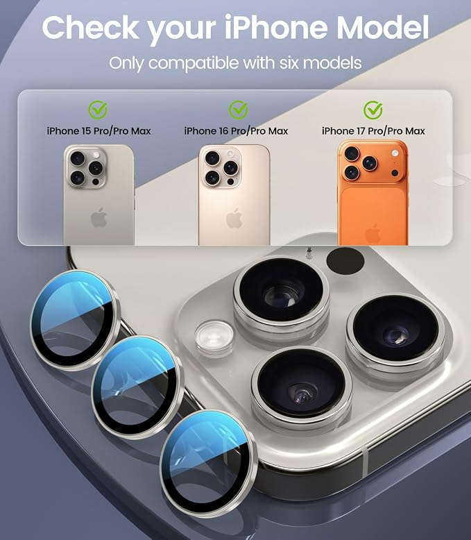PandaShield 2-Pack Anti-Reflection Camera Lens Protector for iPhone 17/16/15 Pro & Pro Max, Easy Installation,Anti-Scratch,9H Hardness,98% Ultra Clarity,Maintains Original Lens Design-Natural Titanium