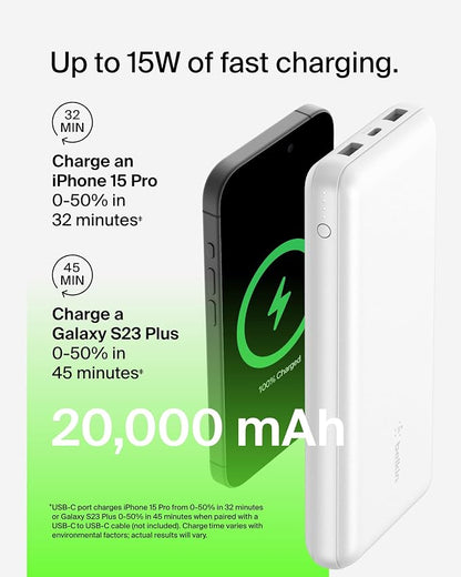Belkin Portable Charger, USB C Power Bank 20000 mAh w/ 1xUSB-C Port & 2xUSB-A Ports, 15W w/Type-C to Type-A Cable - iPhone 17, Samsung Galaxy S25, Nintendo Switch 2, Google Pixel 10, etc. - White