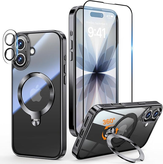 [Tri-Shield Protection] for iPhone 17 Case with 360° Spin Stand Compatible with MagSafe [Magnetic CD Ring] [Screen & Camera Lens Protector] Shockproof Plating Never-Yellowing, Black-6.3"