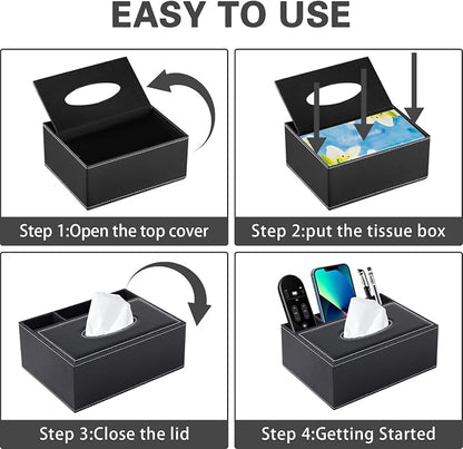 Multifunction PU Leather Tissue Box Cover Rectangular Upgrade Large Size Stationery Napkin Remote Control Holder Storage Box,Facial Tissue Dispenser Desk Organizer Caddy Home Office Supplies (Black)