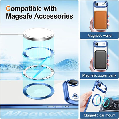 Hython for iPhone Air Case Glitter Clear Magnetic Phone Cases [Compatible with MagSafe] Full Camera Lens Protector Sparkle Luxury Plating Slim Shockproof Protective Cover Women, Deep Blue