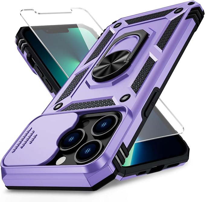 Weycolor for iPhone 13 Pro Case with Camera Lens Cover, HD Screen Protector, 10 FT Military Grade Drop Protection, Magnetic Ring Holder Kickstand Protective Phone Case for iPhone 13 Pro, Lavender