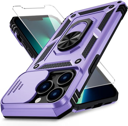 Weycolor for iPhone 13 Pro Case with Camera Lens Cover, HD Screen Protector, 10 FT Military Grade Drop Protection, Magnetic Ring Holder Kickstand Protective Phone Case for iPhone 13 Pro, Lavender