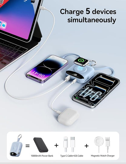 Portable Charger Power Bank, 10000mAh Fast Charging Power Bank with Built-in Cables, Travel Keychain Battery Pack with LED Display for iPhone Samsung Android iPad iWatch Charger 11/10/9/8/Ultra,Blue