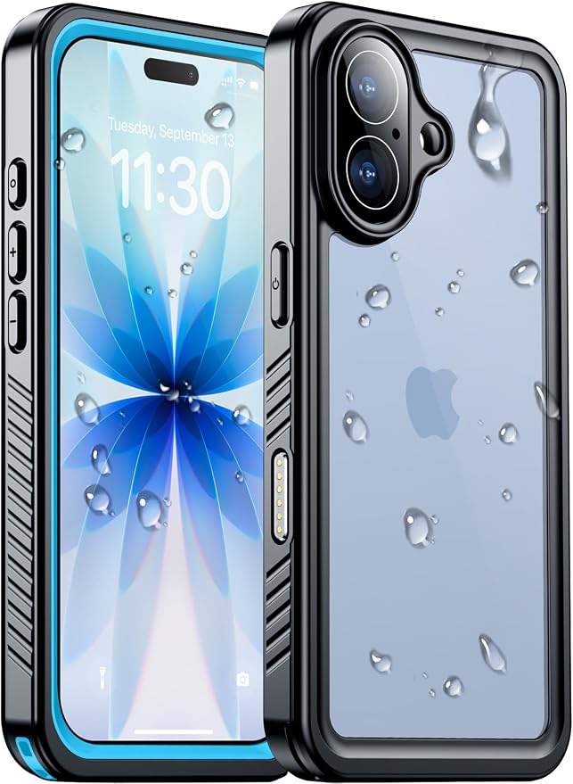 Temdan Compatible with iPhone 17 Case,Waterproof Built-in Screen & Camera Protector IP68 Underwater Full Body 17FT Military Dropproof Shockproof Phone Case 6.3"-Blue/Clear