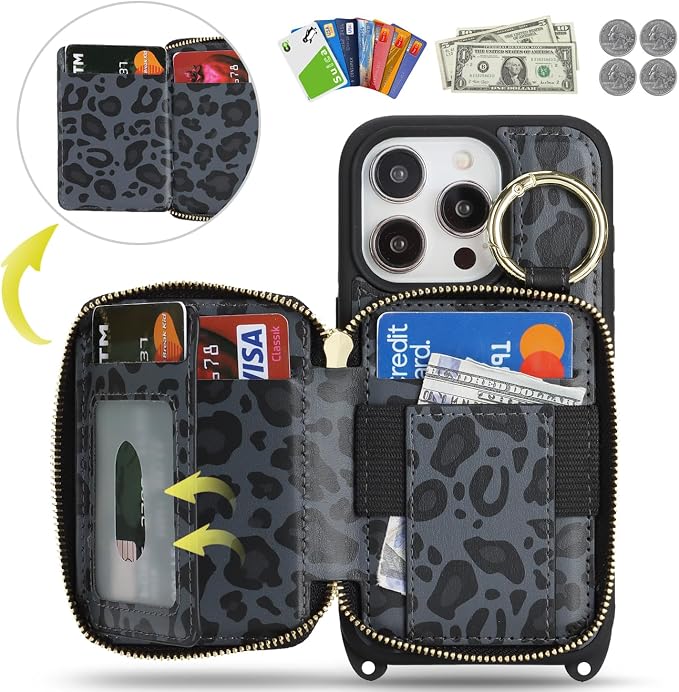 Crossbody Wallet Case for iPhone 14 pro, PU Leather Zipper Handbag Purse Flip Cover, Kickstand Folio Case with Card Slots Holder Wrist Strap Lanyard 5G 6.1 Inch-Black Leopard