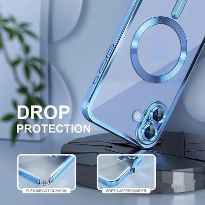 Misea Magnetic for iPhone 16 Case Compatible with MagSafe [Never Yellowing] [Military Grade Drop Protection] Full Camera Lens Protector Plating Soft Clear Phone Case for Women 6.1 inch, Sierra Blue