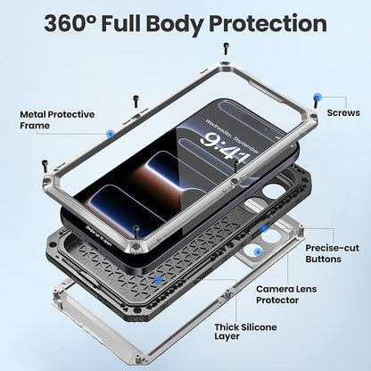 Mitywah Waterproof Case for iPhone 17 Pro Max, Rugged Metal Case with Built-in Screen Protector, Heavy Duty Full Body Shockproof Protective Cover 6.9 inch, Silver