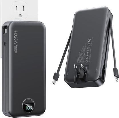 Nusyddy Portable Charger 20000mAh PD20W w/Built-in Cables & Wall Plug Black | PD20W Fast Charging, High Capacity, LED Display, Charge 5 Devices at once, TSA Approved, Compatible with iPhone/iPad/Samsung
