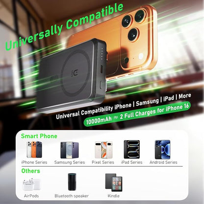 Magnetic Power Bank 10000mAh, 4-in-1 Portable Charger with Built-in USB-C/Lightning Cable Foldable Stand, 15W Fast Charging Wireless Battery Pack for Samsung, Android, iPhone, Travel Essential