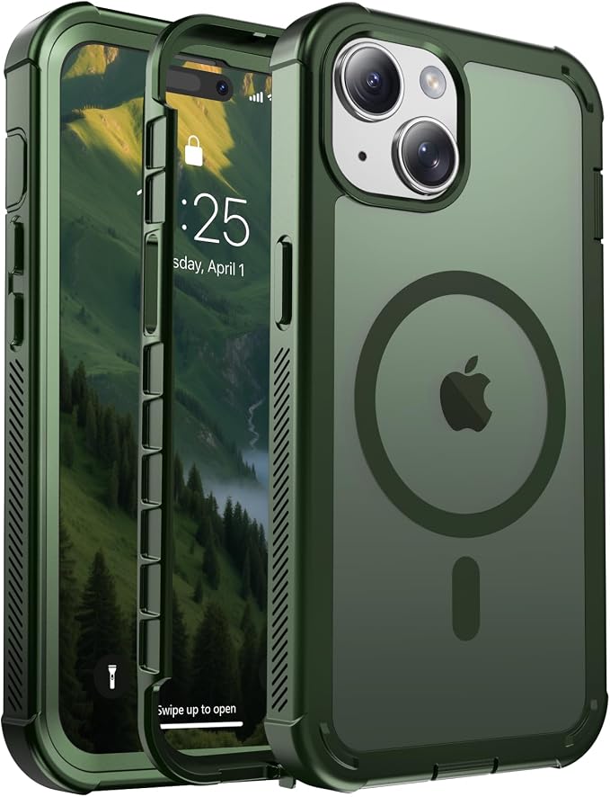 jaroco Magnetic for iPhone 15 Case, [Compatible with MagSafe][Military Grade Drop Protection][Heavy Duty Protection][Non-Slip][Shockproof] 2-Layer Durable Bumper Phone Case 6.1''-Army Green