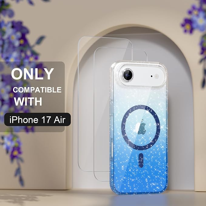 Choiche Magnetic for iPhone 17 Air Case Compatible with MagSafe, Women Cute Glitter Sparkly Phone Case with Diamond Camera Lens Protectors, Military-Grade Drop Protection 6.5" (Clear/Blue)