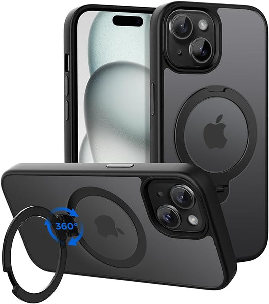 CACOE Magnetic Case for iPhone 15 6.1 inch with 360 Rotatable Ring Stand, Compatible with MagSafe Car Phone Mount, Cases Cover Phone Holder for Desk Meeting/Videos Matte Black