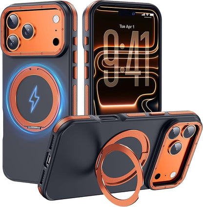 Strong Magnetic Case for iPhone 17 Pro(6.3", 2025) with Stand, Drop-Proof Bumper Cover with Contrast Color Border, Military-Grade Drop Protection, Shockproof Slim Thin Cover,Orange