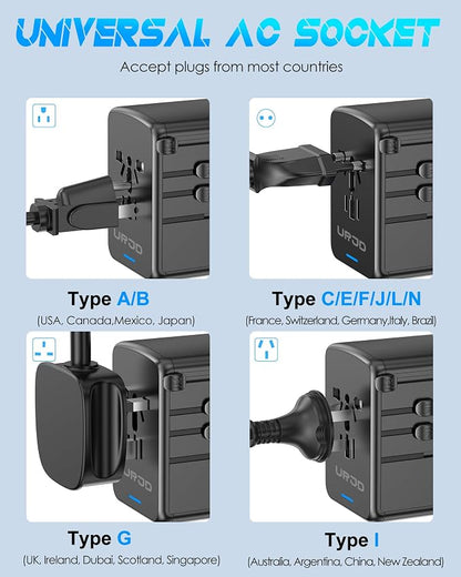 Universal Travel Adapter, 30W 6.0A for Europe UK US 200+ Countries | 5 USB C/A Ports, 2500W AC Outlet, Multi Plugs 110V 220V A/C, International Power Adapter for Phone Laptop & All USB Devices