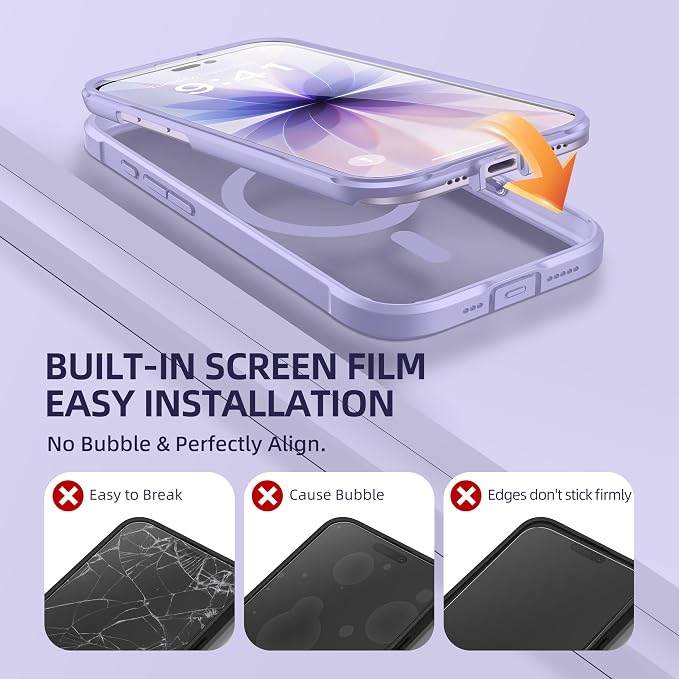 BERFY for iPhone 17 Case, Compatible with MagSafe, Built-in Glass Screen Protector, Camera Protection, Shockproof Full Body Phone case 6.3", Clear Purple