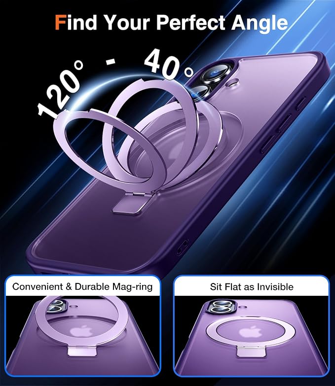 Chicfun 3-in-1 [Magnetic+Kickstand+Ring Holder] for iPhone 16 Plus Case with Stand Ring Holder， Compatible with MagSafe, Military Shockproof Kickstand Phone Case iPhone 16 Plus Cover Purple