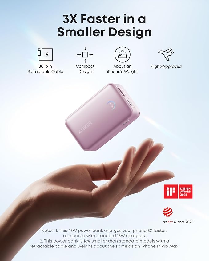 Anker Nano Portable Charger, 45W 10000mAh with 2.3 ft Retractable Cable, Compact Power Bank, Travel Essential Phone Battery Pack for iPhone 17/16 Series, iPad, Galaxy, Pixel, and More