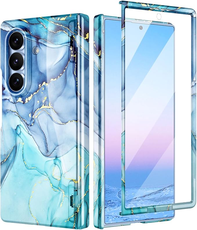 Btscase for Samsung Galaxy Z Fold 8 Ultra Case,Built in Front Screen Protector,[Compatible with MagSafe] Marble Hard PC Slim Shockproof Full Body Drop Protective Case for Z Fold 8 Ultra, Blue Cyan