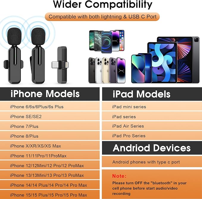 MAYBESTA Wireless Lavalier Microphone for iPhone, iPad, Android - Bluetooth Lapel Phone Mic for Video Recording - Mini Clip on Microphones for YouTube Podcast Interview(2-IN-1 Port)