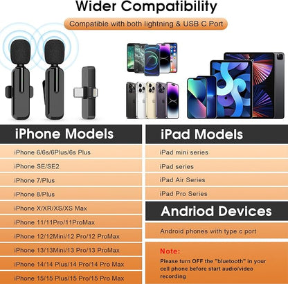 MAYBESTA Wireless Lavalier Microphone for iPhone, iPad, Android - Bluetooth Lapel Phone Mic for Video Recording - Mini Clip on Microphones for YouTube Podcast Interview(2-IN-1 Port)