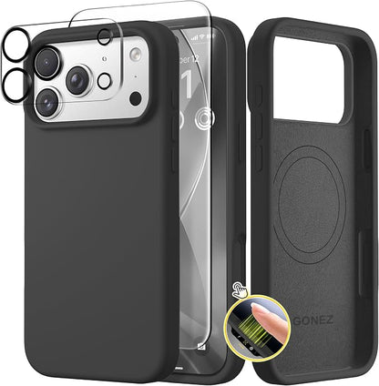 GONEZ Magnetic for iPhone 17 Pro Case, Compatible with MagSafe, [Screen Protector + Camera Lens Protector], Liquid Silicone Anti-Scratch Shockproof Protective Phone Case 6.3 inch, Black