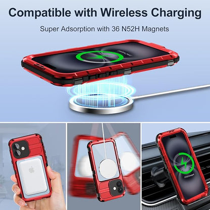WIFORT for iPhone 16 Plus Waterproof Case - Metal Heavy Duty [Built-in Screen Protector] [14FT Military Shockproof] [Fit for MagSafe], IP68 Full Body Rugged Water Proof Magnetic Cover, 6.7" Red