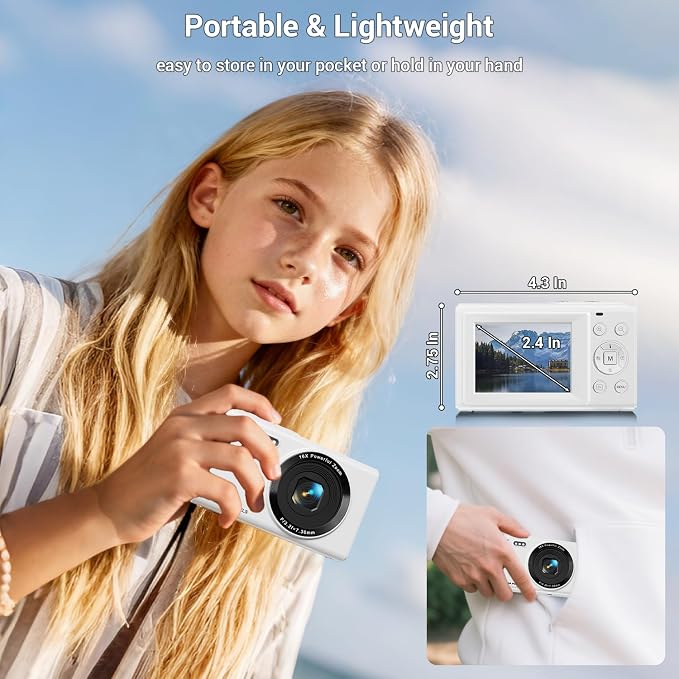 Digital Camera, 4K 44MP Autofocus Point and Shoot Camera with 16X Zoom 2.4" LCD Portable Compact Camera for Kids Teens Boys Girls Adults
