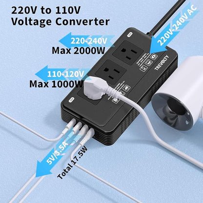 2000W Voltage Converter US to Europe for Hair Dryers, 7-in-1 220V to 110V Converter for European Travel with 3 AC/2 USBA/2 USBC Ports, Power Converter Adapter Combo with Type G/C/I/L Plugs