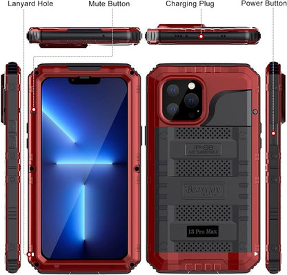 Beasyjoy for iPhone 13 Pro Max Case, Metal Waterproof Phone Case with Built-in Screen Protector, Full Body Protective Military Grade Shockproof Heavy Duty Rugged Defender Cover 6.7 Inch, Red