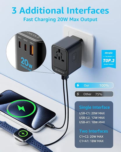 Universal Travel Adapter, 2 USB-C ＆ 1 USB-A, Cover 200+ Countries | PD 20W, International Plug Adapter, All in One Portable Adapter, NOT A Voltage Converter, for USA, UK, EU, AU (Black)
