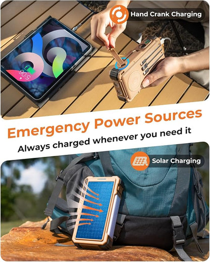 BLAVOR Solar Power Bank with Hand Crank and 4 Cables, 20000mAh Wireless Portable Charger with USB C & Camping Light, 20W Fast Charging Battery Pack for iPhone, iPad, Samsung, All Mobile Phones
