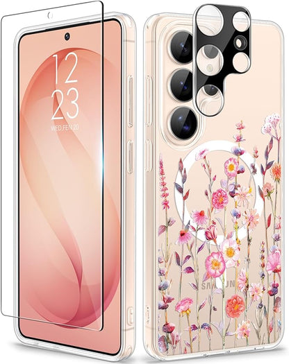 GVIEWIN for Samsung Galaxy S26 Ultra Case Compatible with MagSafe, Clear Floral Shockproof Protective Women Phone Case, Non-Yellowing, Screen&Camera Lens Protector for S26 Ultra 6.9",Floratopia/Orange