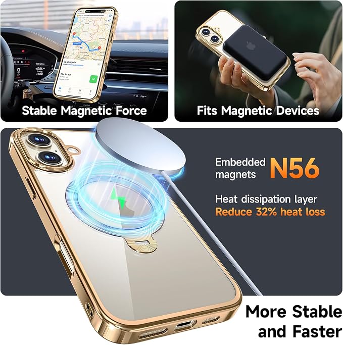 [Tri-Shield Protection] for iPhone 17 Case with 360° Spin Stand Compatible with MagSafe [Magnetic CD Ring] [Screen & Camera Lens Protector] Shockproof Plating Never-Yellowing, Gold-6.3"