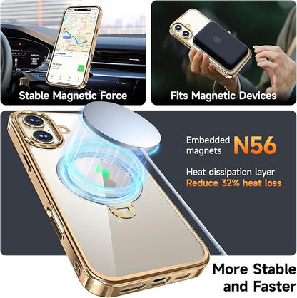 [Tri-Shield Protection] for iPhone 17 Case with 360° Spin Stand Compatible with MagSafe [Magnetic CD Ring] [Screen & Camera Lens Protector] Shockproof Plating Never-Yellowing, Gold-6.3"