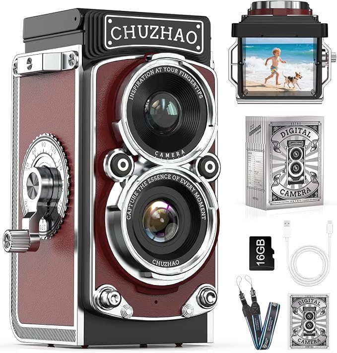 CHUZHAO Digital Camera Retro: Portable TLR Style Twin-Lens Vintage Camera, 12MP Autofocus 1080P FHD Point and Shoot Pocket Vlogging Retro Digital Cameras with16 GB Card for Beginners Boys Girls (Red)