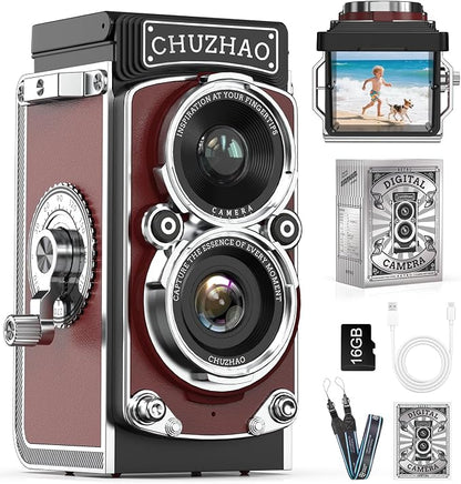 CHUZHAO Digital Camera Retro: Portable TLR Style Twin-Lens Vintage Camera, 12MP Autofocus 1080P FHD Point and Shoot Pocket Vlogging Retro Digital Cameras with16 GB Card for Beginners Boys Girls (Red)