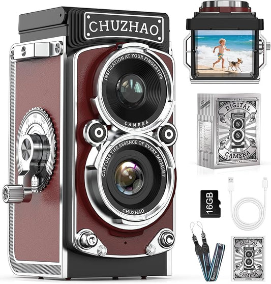 CHUZHAO Digital Camera Retro: Portable TLR Style Twin-Lens Vintage Camera, 12MP Autofocus 1080P FHD Point and Shoot Pocket Vlogging Retro Digital Cameras with16 GB Card for Beginners Boys Girls (Red)