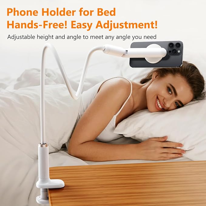 Magnetic Gooseneck Phone Holder for Bed, Flexible Long Arm Cell Phone Stand with Clamp Mount, 900° Rotation Overhead Phone Mount for Bedside, Headboard,Desk, Compatible with iPhone 17 Pro Max