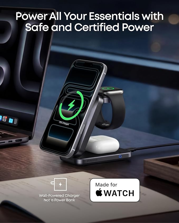 Anker Prime 3-in-1 Charging Station, AirCool Wireless Charger, Qi2 25W Certified Palm-Sized Foldable MagSafe Charger Compatible with iPhone 17, Apple Watch, AirPods (Non-Battery, with Adapter)