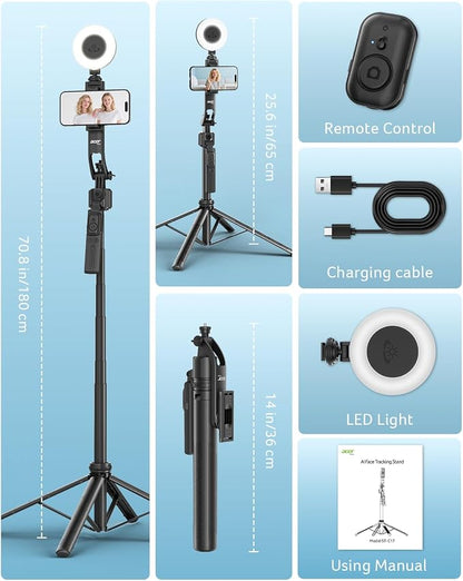 Acer Gadget Auto Face Tracking Tripod for iPhone/Cell Phone/Android/Camera with Light and Remote, 64", No App, 360°Rotating Tripod Selfie Stick for Tiktok YouTube Vlog Live Streaming Video Recording
