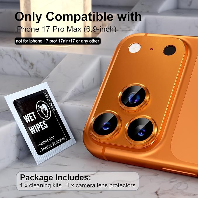 Choiche Compatible for iPhone 17 Pro Max Camera Lens Protector, Strong Adsorption Camera Cover with 9H Tempered Glass Lens Screen Protector Metal Ring Decoration Accessories 6.9-inch (Orange)