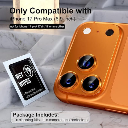 Choiche Compatible for iPhone 17 Pro Max Camera Lens Protector, Strong Adsorption Camera Cover with 9H Tempered Glass Lens Screen Protector Metal Ring Decoration Accessories 6.9-inch (Orange)