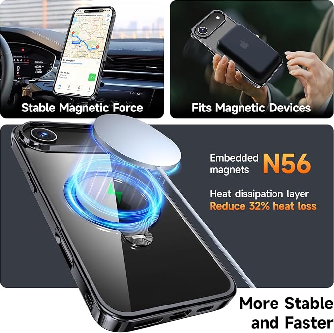 [Tri-Shield Protection] for iPhone Air Case with 360° Spin Stand Compatible with MagSafe [Magnetic CD Ring] [Screen & Camera Lens Protector] Shockproof Plating Never-Yellowing, Black-6.5"