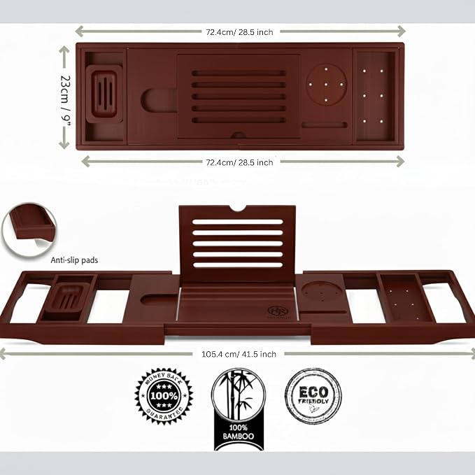 Bamboo Bathtub Caddy Tray Expandable & Foldable Bath Shelfwith Book, Tablet & Wine Holder Adjustable Wooden Bath Tray for Relaxing Spa atHome – Fits Most Tub Sizes.