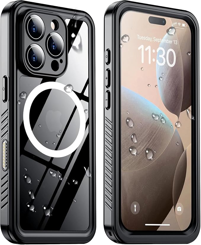 Temdan Magnetic for iPhone 16 Pro Max Case Waterproof,Built-in Screen Protector[IP68 Underwater][Upgrade Military Dropproof][Compatible with MagSafe] Full Body Shockproof Case-Black